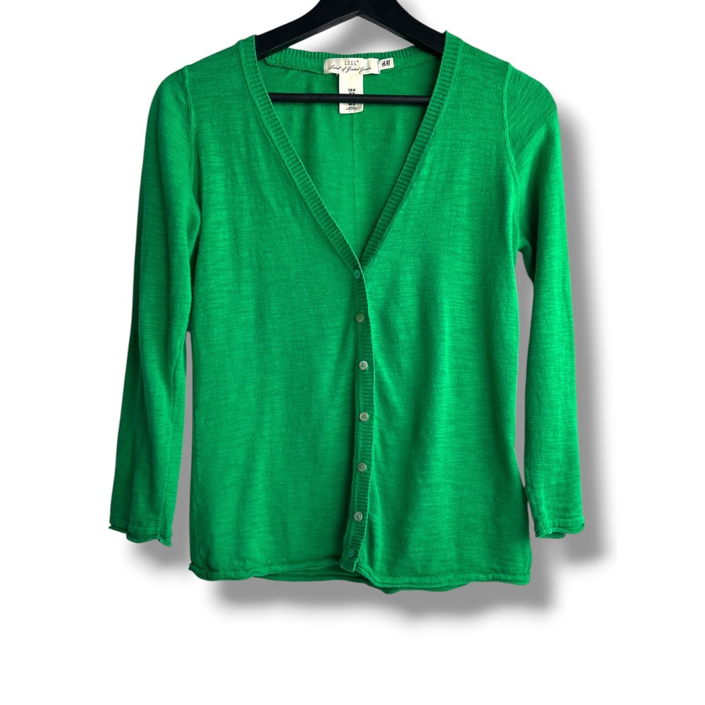 H&M L.O.G.G. Cardigan Sweater Women Medium Green V-Neck Button Front Cotton